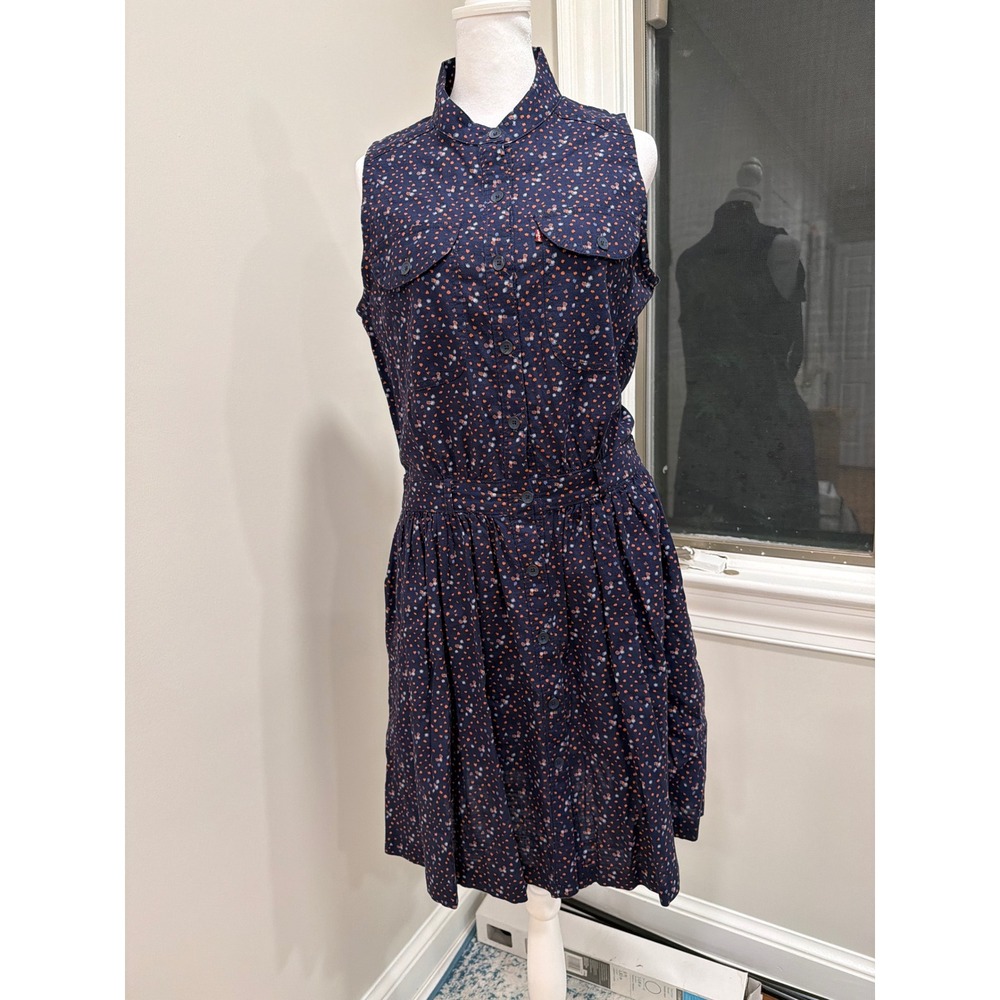 Levi's‎ Navy Blue Dot Print Mandarin Collar Drop Waist Button Front Dress M